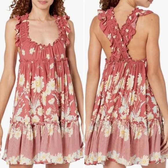 NWT FREE PEOPLE Bali Wild Daisy Slip Mini Dress Red Renaissance Size SMALL‎ - Picture 1 of 15